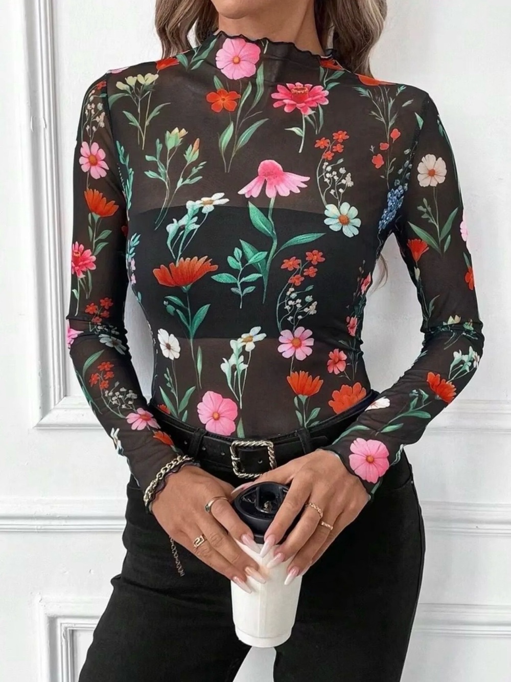 Black Floral Mesh Top